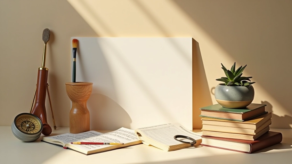 Verschiedene Gegenstände aus unterschiedlichen Bereichen - Kunstwerk, wissenschaftliches Instrument, Musikinstrument - nebeneinander angeordnet