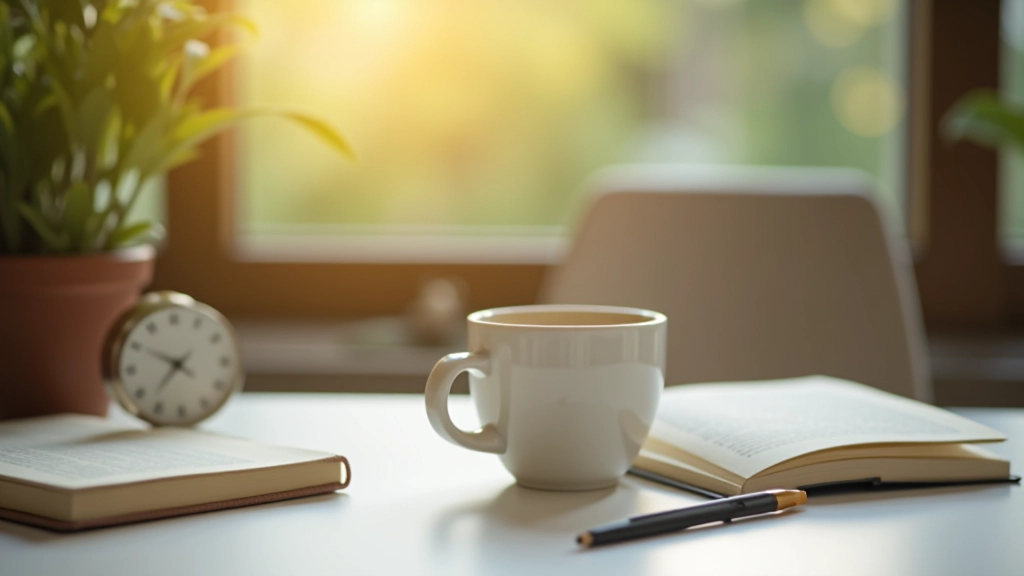 Kaffee auf einem Schreibtisch neben Notizbuch und Uhr, Morgenlichtstimmung