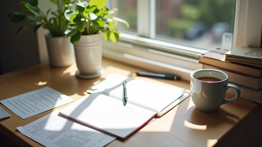 Schreibtisch mit offenen Büchern, Notizbuch, Stift und Kaffee, natürliches Morgenlicht