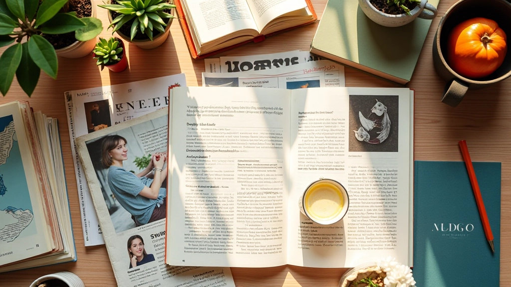 Flach angeordnete verschiedenfarbige Bücher und Magazine auf heller Oberfläche