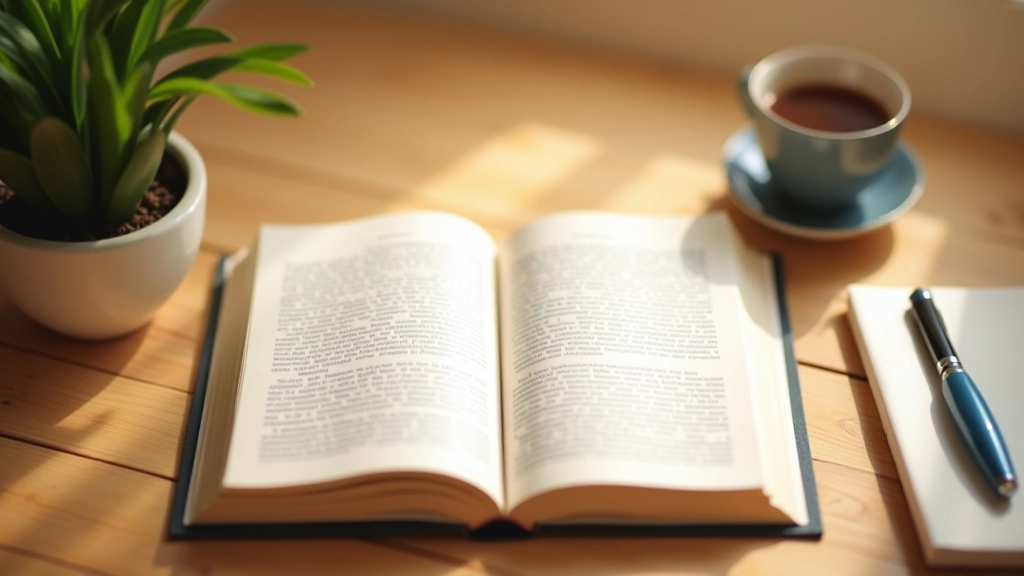 Offenes Buch auf einem Tisch mit Notizblock und Stift daneben, warme Beleuchtung