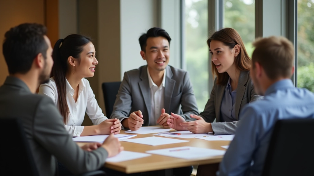 Mehrere Menschen verschiedenen Alters diskutieren lebhaft um einen Tisch herum mit Dokumenten und Kaffeetassen
