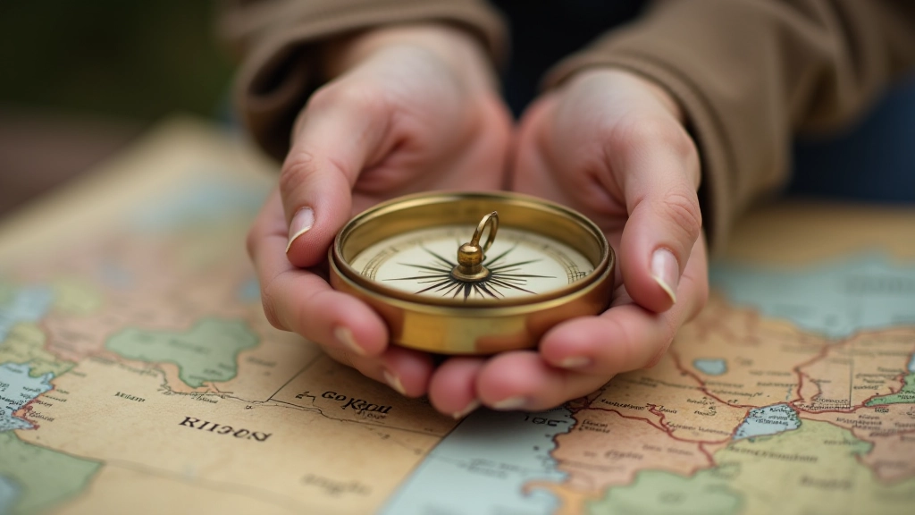 Hands holding a vintage compass over a map, natural outdoor lighting