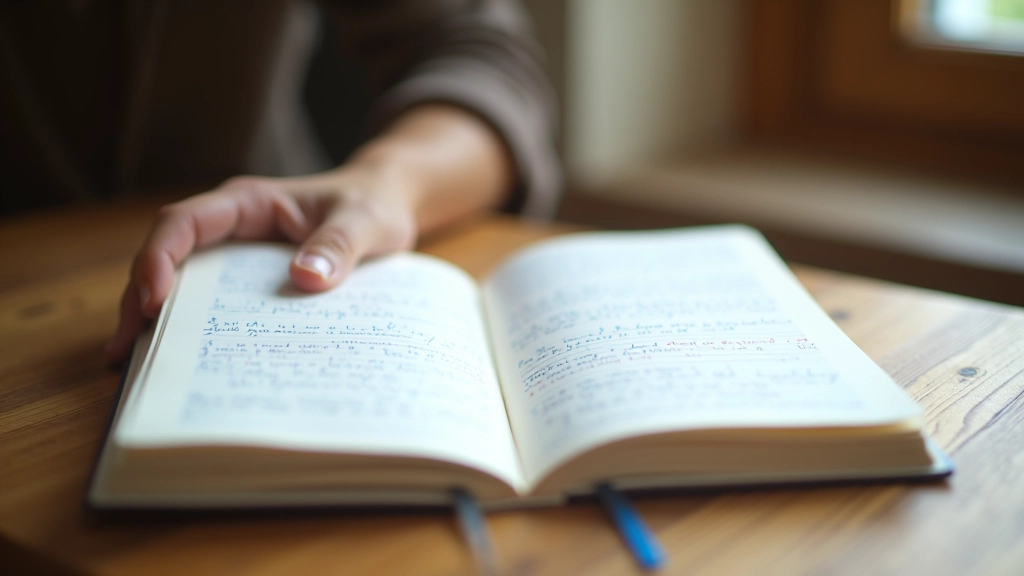 Offenes Notizbuch mit handschriftlichen Notizen und farbigen Markierungen auf einem Schreibtisch