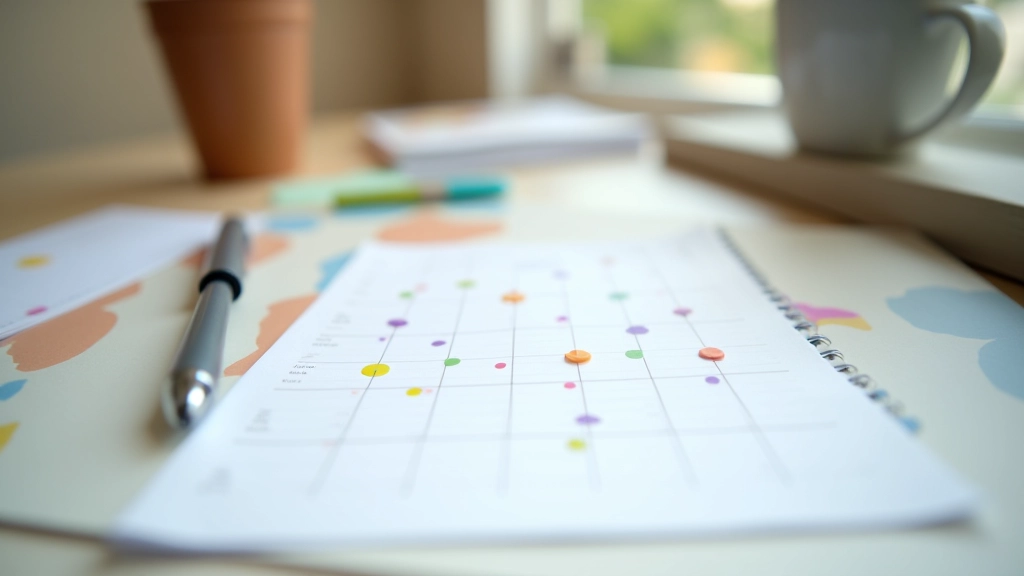 Papierkalender mit bunten Markierungen und Häkchen in verschiedenen Feldern