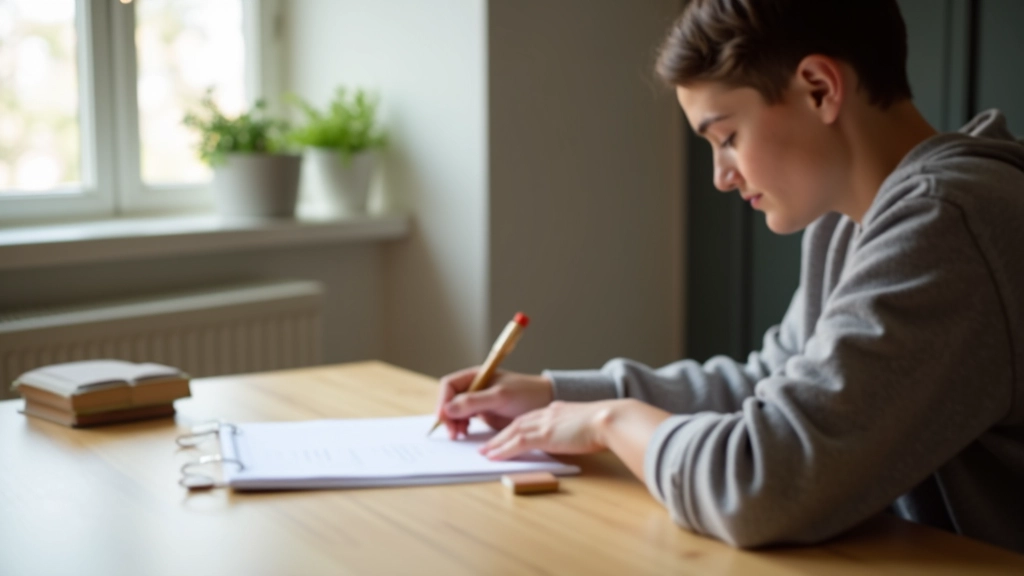 Eine Person sitzt an einem Schreibtisch und schreibt in ein Notizbuch, natürliche Beleuchtung von links
