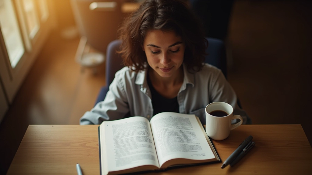 Person sitzt an einem Schreibtisch mit aufgeschlagenem Buch und Notizblock, Kaffeetasse steht daneben
