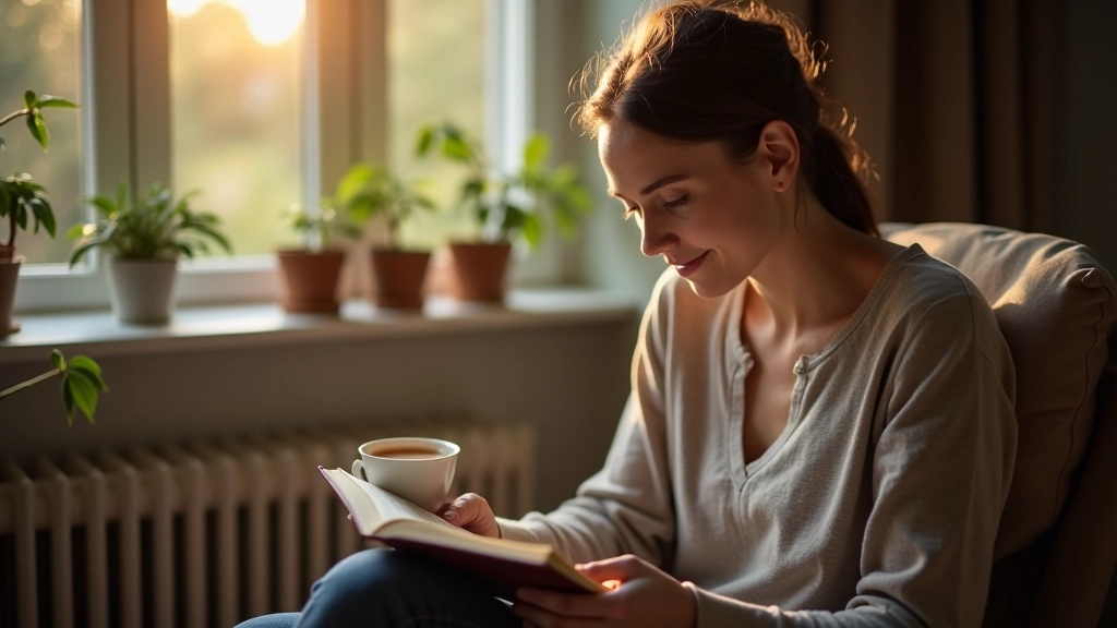 Person sitzt gemütlich beim Lesen mit Notizbuch und Tee, natürliches Licht durch Fenster