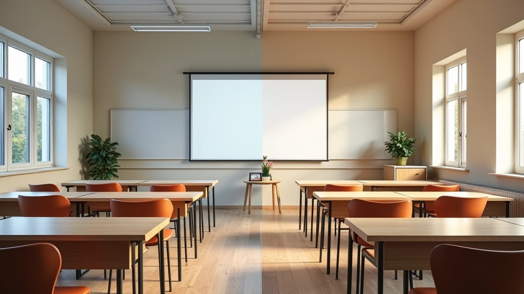 Zwei kontrasting Szenen nebeneinander: links ein modernes minimalistisches Klassenzimmer, rechts ein traditionelles klassisches Klassenzimmer