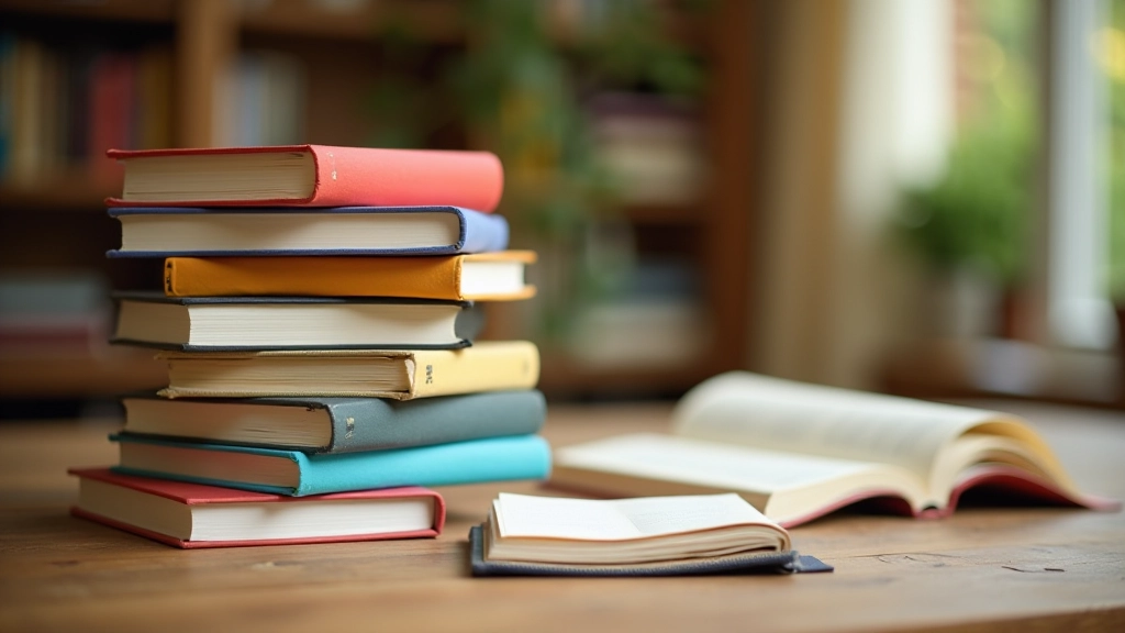 Stapel von verschiedenfarbigen Büchern auf einem Holztisch mit aufgeschlagenem Notizbuch