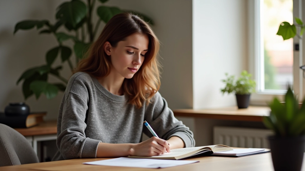 Person sitzt an einem Schreibtisch mit Notizblock und schreibt Fragen auf, um tiefere Verständnis zu erlangen