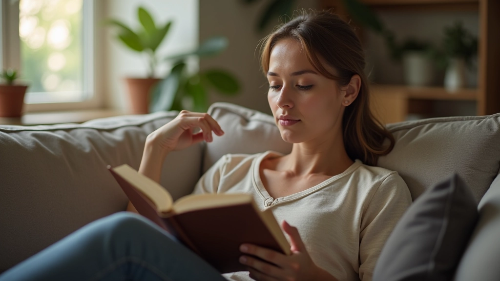 Frau liegt auf einem Sofa mit einem Buch, vollkommen vertieft im Lesen, gemütliche Wohnzimmeratmosphäre